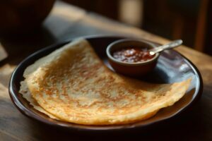 Crispy thin pancake made from fermented black lentil and rice batter, served with chutney on a brown plate, highlighting South Indian cuisine Organic Brown Rice Dosa Batter by Dream4Health