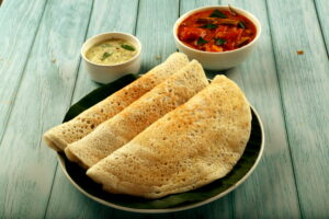 Homemade healthy food- rice dosa with sambar and coconut chutney. Organic Brown Rice Dosa Batter by Dream4Health