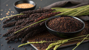 close-up of dark-colored finger millet (ragi) grains, both in their whole-grain form and as hulled seed, arranged on a dark wooden surface. Organic Finger (Ragi) Millet Dosa Batter by Dream4Health