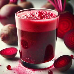 Glass of beetroot smoothie juice with beet root sliced and mint leaf isolated on white background. Organic Kanji Drink by Dream4Health