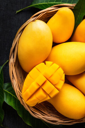 Yellow Mango Beautiful skin In the basket Blackboard background Ratnagiri Alphonso Mango