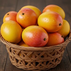 A basket of juicy orange colored Alphonso Mango Fruit/ Rasalu Mango