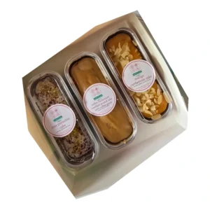 1-mini-cake-trio-original-crop Three Butter and Rose mini cakes in a box: rose pistachio, coffee cardamom and mango cardamom. Flavors vary by baker's selection.